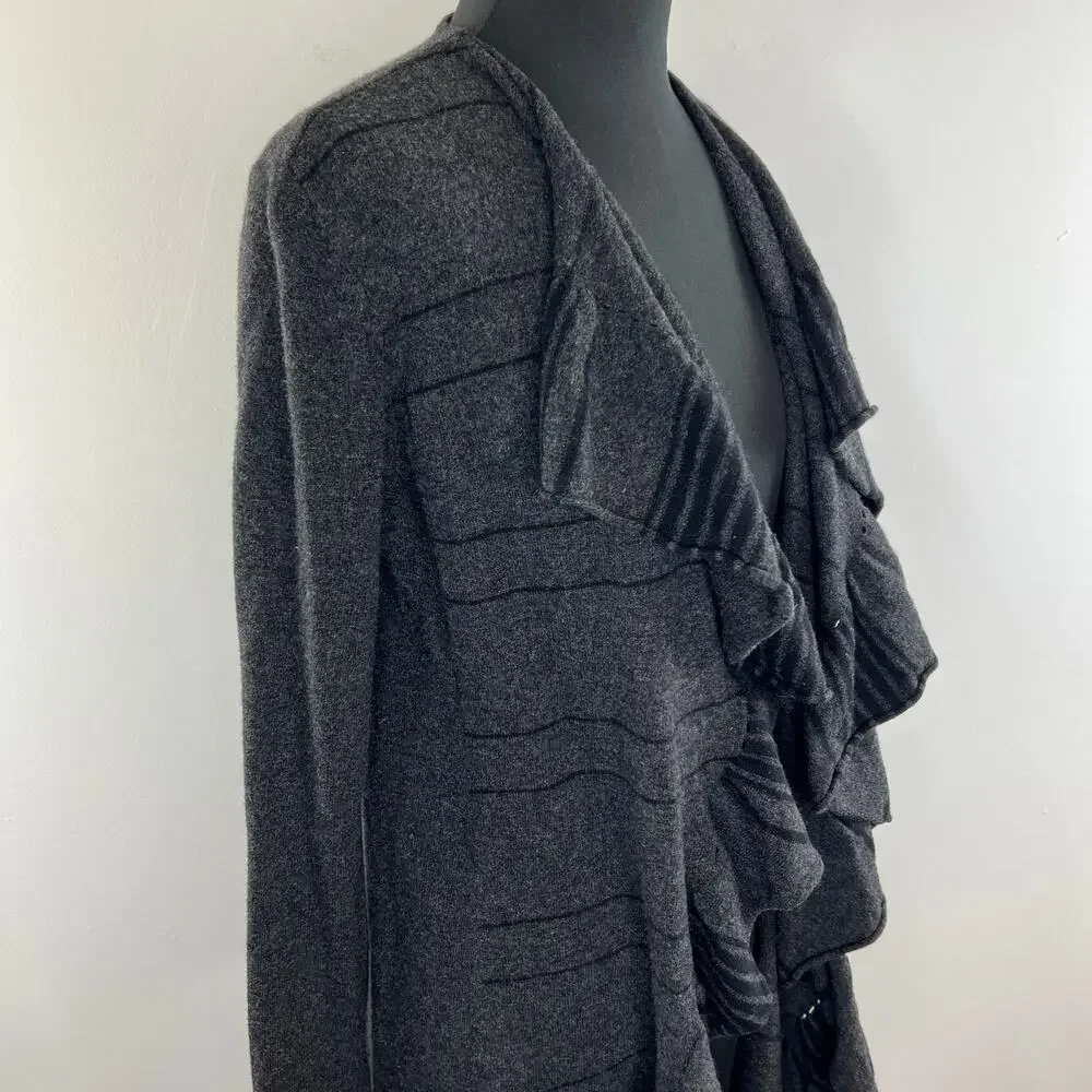 Eileen Fisher Gray Black Merino Wool-Cashmere Ruffle Waterfall Cardigan Size S